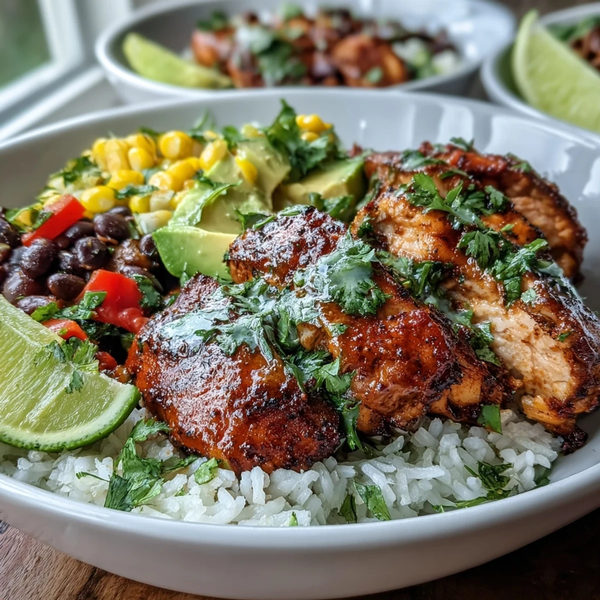 Hearty Cajun Chicken Bowl with Cajun-spiced chicken, black beans, and sweet corn on a bed of rice, topped with lime wedges for a zesty finish, ready to serve.