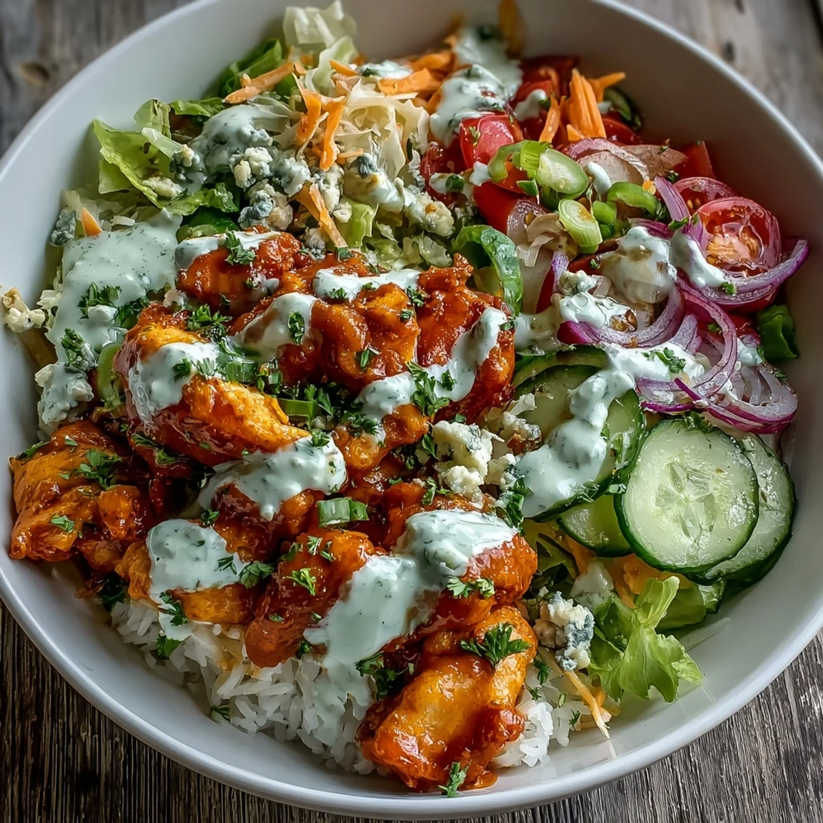 Hearty buffalo chicken bowl topped with tangy blue cheese and fresh parsley