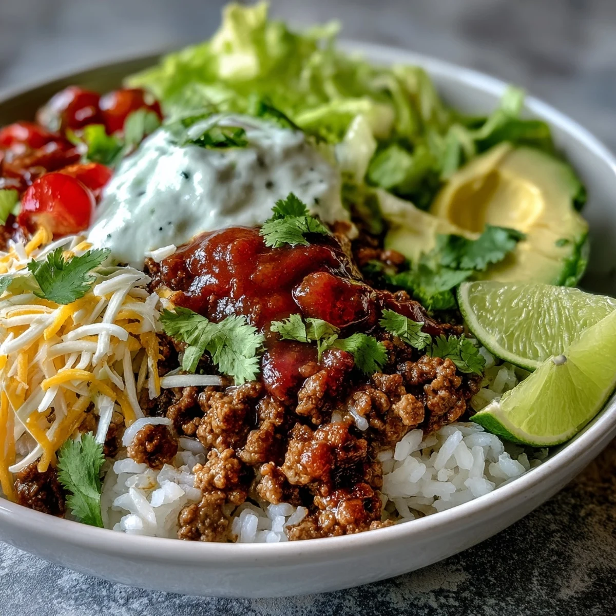Freshly cooked ground turkey with taco seasoning is spooned over fluffy white rice in a Turkey Taco Bowl.