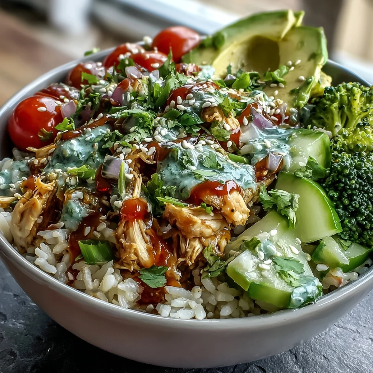 Colorful Rotisserie Chicken Bowl featuring steamed broccoli, sliced avocado, and a drizzle of tangy tzatziki sauce over wholesome grains.