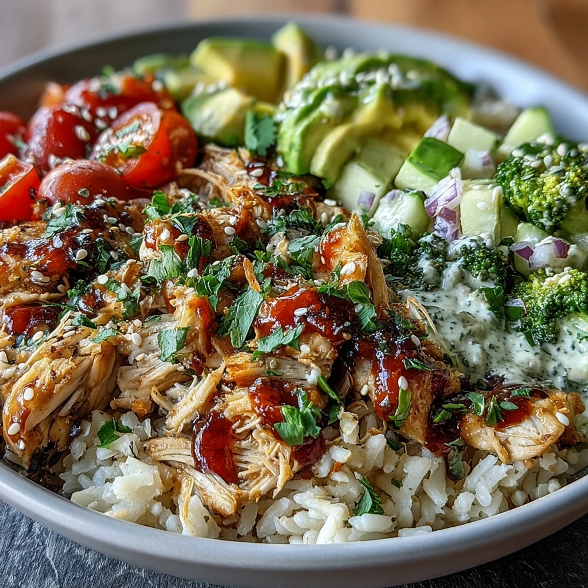 A vibrant Rotisserie Chicken Bowl layered with tender shredded chicken, fluffy brown rice, fresh tomatoes, cucumber, and creamy avocado slices.