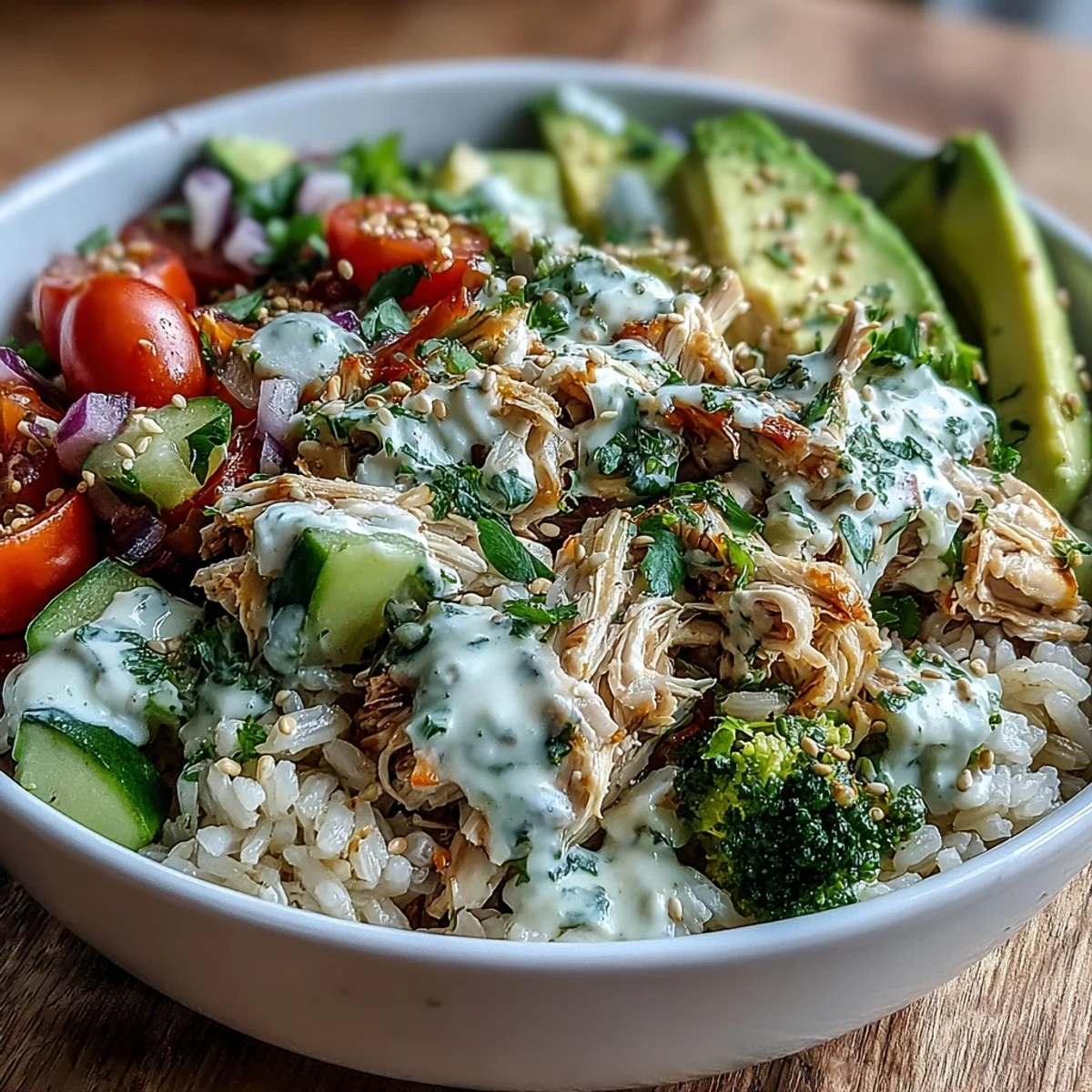Hearty Rotisserie Chicken Bowl topped with juicy tomatoes, crisp cucumber, and sesame seeds, served with a lemon wedge for zest.