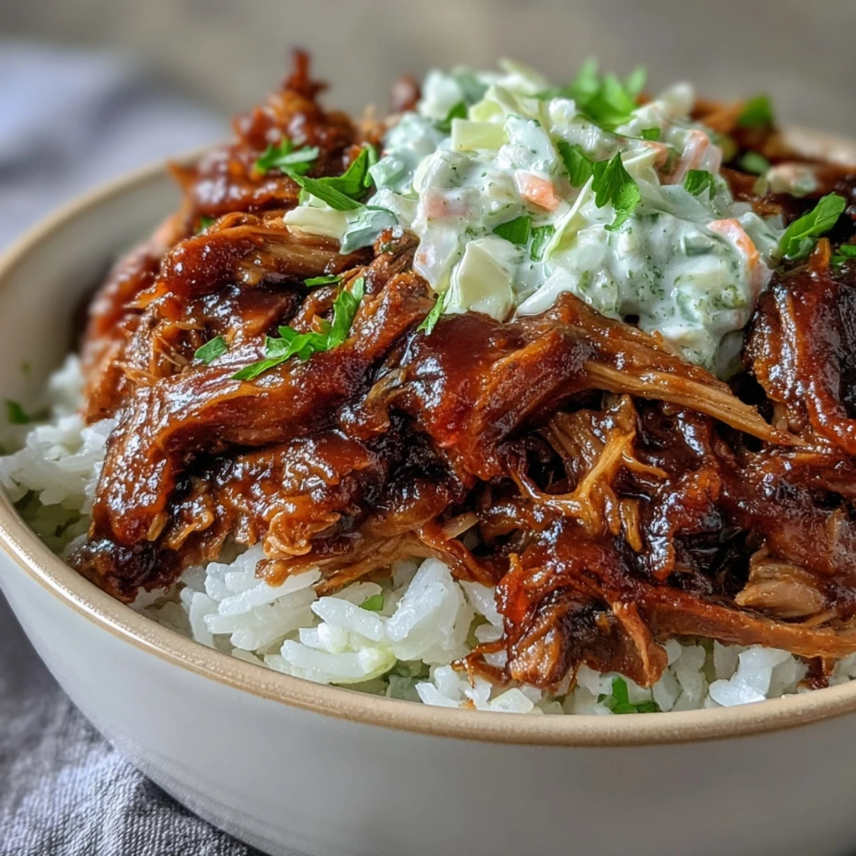 A close-up of a vibrant Pulled Pork Bowl with fluffy rice, smoky BBQ sauce drizzled over tender pulled pork, and a crisp, tangy coleslaw topping.