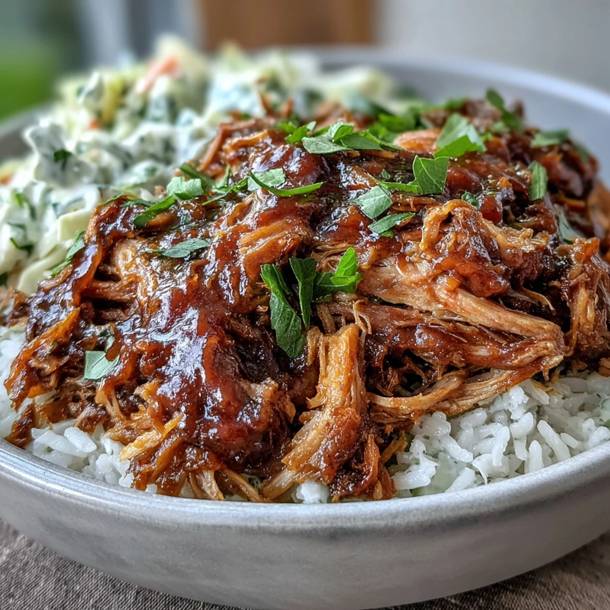 Top-down view of a Pulled Pork Bowl featuring slow-cooked pork shoulder over steamed rice, topped with creamy coleslaw and extra BBQ sauce for a crowd-pleasing dinner.