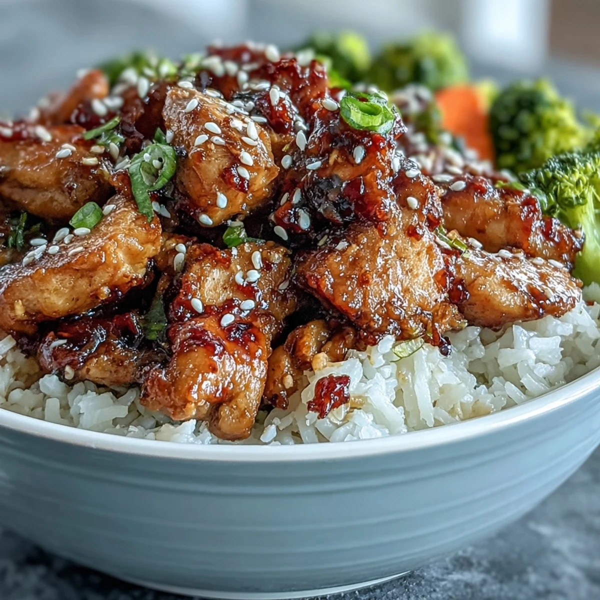 Quick Honey Garlic Chicken Bowl featuring jasmine rice and crisp colorful vegetable medley