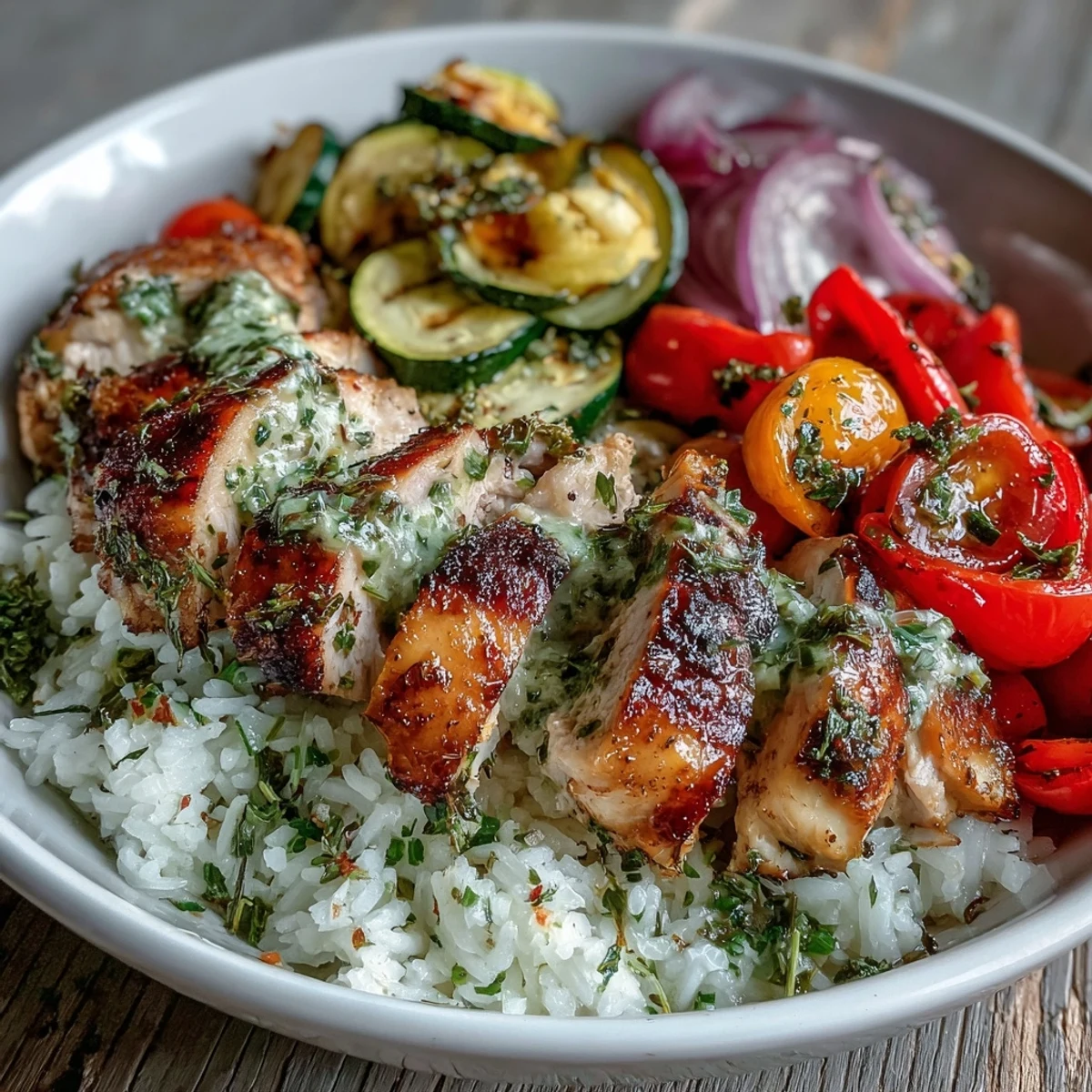 A vibrant Lemon Herb Roasted Chicken Bowl with tender chicken, fluffy rice, and colorful roasted vegetables, drizzled with zesty lemon dressing.