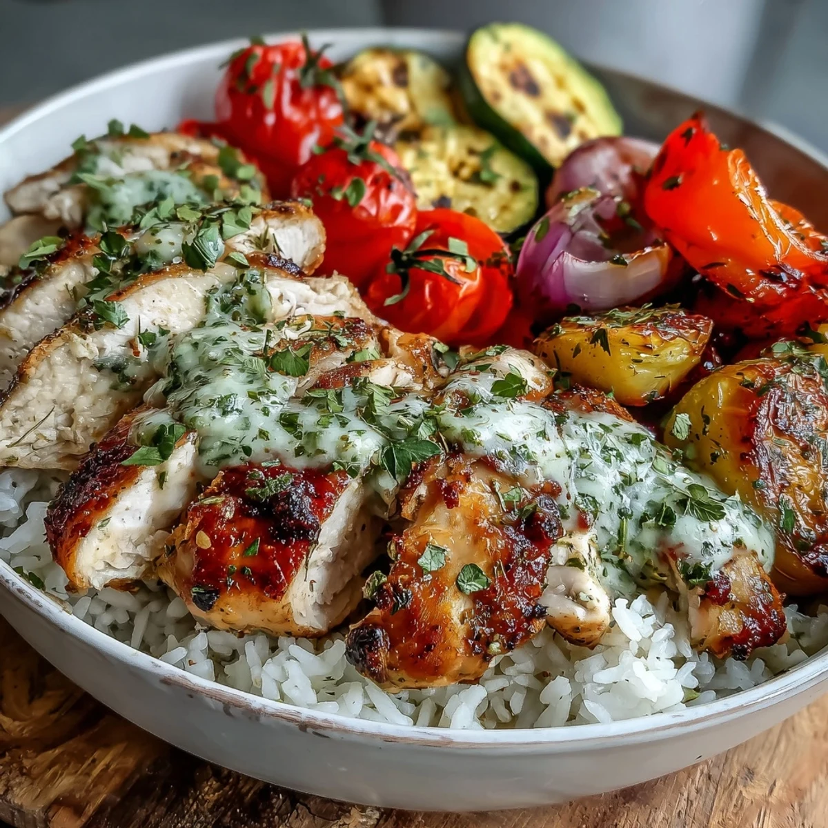 This wholesome Lemon Herb Roasted Chicken Bowl features golden chicken, roasted zucchini and peppers, and a bright squeeze of lemon.