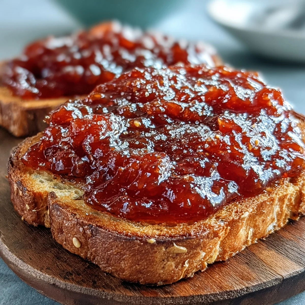 Homemade guava preserves recipe spread on a slice of toasted sourdough bread, perfect for a sweet breakfast.