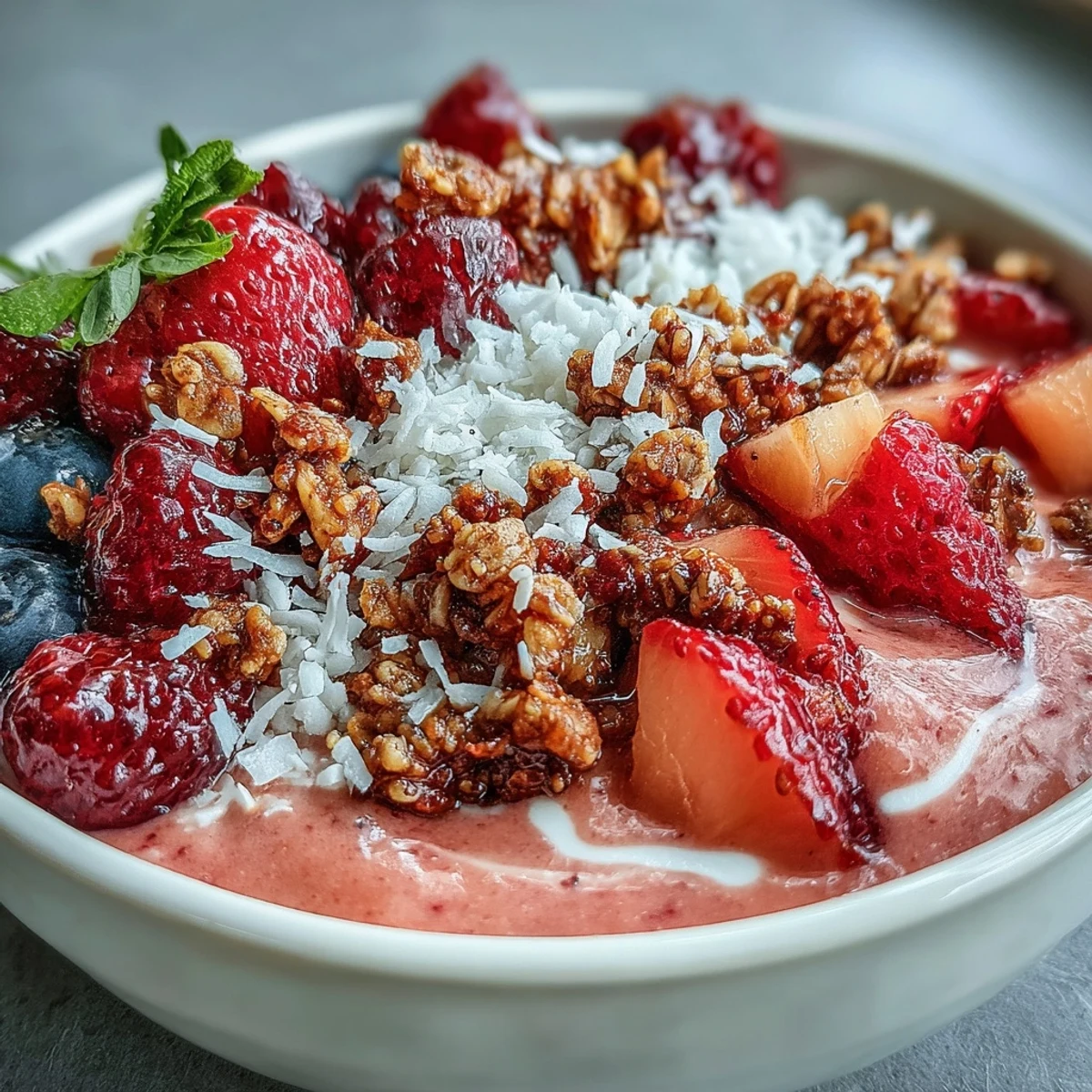 Bright tropical guava and mango smoothie bowl topped with crunchy granola, coconut flakes, and fresh mixed berries.