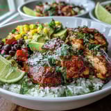 Hearty Cajun Chicken Bowl with Cajun-spiced chicken, black beans, and sweet corn on a bed of rice, topped with lime wedges for a zesty finish, ready to serve.