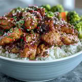 Quick Honey Garlic Chicken Bowl featuring jasmine rice and crisp colorful vegetable medley