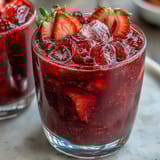 Vibrant pink Homemade Starbucks Strawberry Açaí Refresher with fresh strawberry slices and ice cubes in a clear glass.