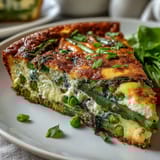 Colorful asparagus and pea frittata topped with creamy goat cheese, perfect for a springtime brunch.  