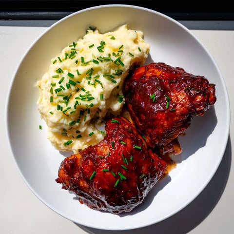 Golden-brown Honey BBQ Chicken Thighs glistening with sauce, served with fluffy garlic mashed potatoes.