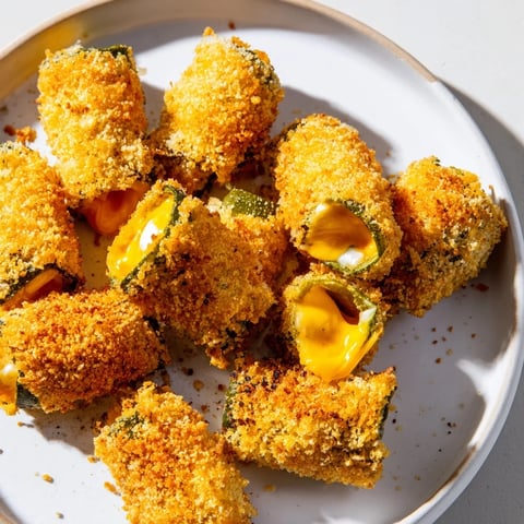 Golden-brown Crispy Cheese-Wrapped Pickle Ornaments, served with a creamy dipping sauce on a plate.