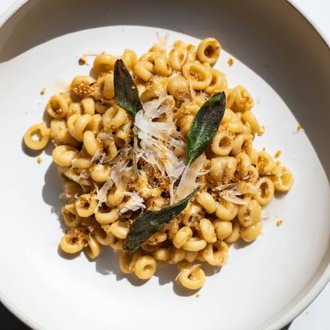 Golden ditalini pasta coated in brown butter and sage, a comforting Italian meal.