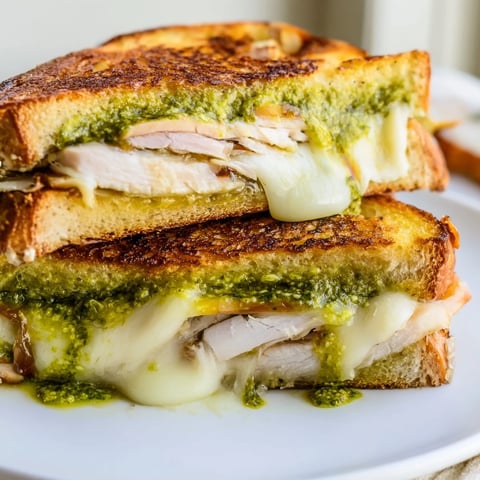 Golden, crispy Pesto Cranberry Turkey Grilled Cheese Melt with bubbling cheese oozing out.