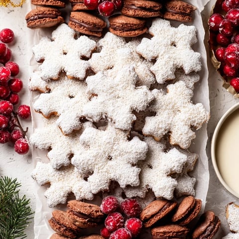Snowflake dessert board arranged with cookies, chocolates, and fresh berries for a holiday treat.