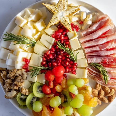 Festive Holiday Tree Appetizer Platter arranged with colorful cheeses, fruits, and meats, ready to savor.
