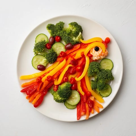 Seahorse Veggie Dip Platter: a colorful, cheerful appetizer featuring fresh vegetables and creamy dip.