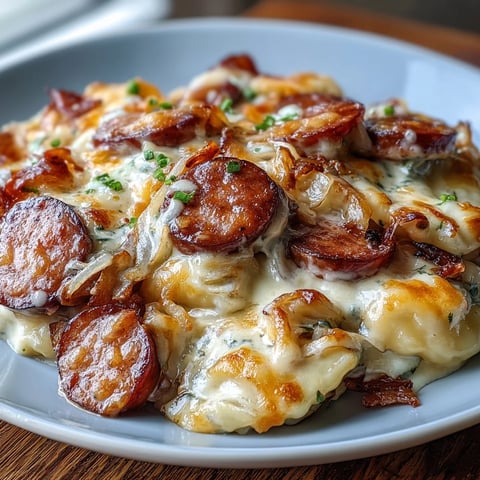 Slow cooker Crockpot Pierogi Casserole With Kielbasa features bubbling cheese and tender pierogi layered in a rich sauce.