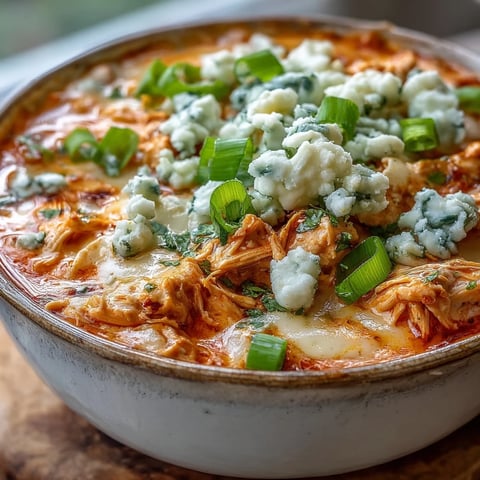 A bowl of creamy Crock Pot Buffalo Chicken Dip Soup topped with green onions and melted cheddar.