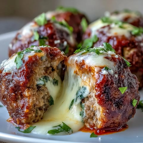 Golden-brown Cheesy, Garlicky Meatballs With Marinara simmer in a rich red sauce, topped with melted mozzarella and fresh basil garnish.