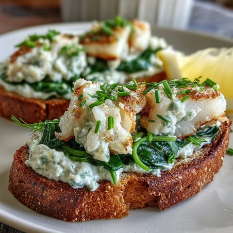 Golden-brown rye toasts topped with flaked smoked haddock and vibrant wilted spinach, drizzled with creamy crème fraîche and fresh chives.