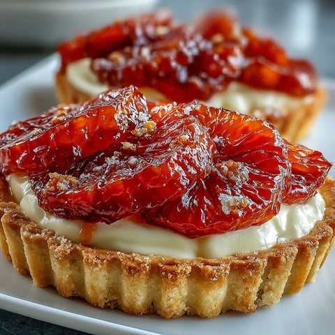 Overhead view of six Blood Orange Tarts arranged on a marble surface with sliced oranges nearby.