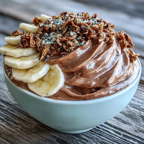 Creamy chocolate and banana smoothie bowl topped with crunchy granola, fresh banana slices, and cacao nibs.  