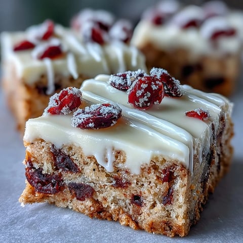 Homemade Cranberry Bliss Bars with creamy orange frosting and white chocolate drizzle on a festive plate.  