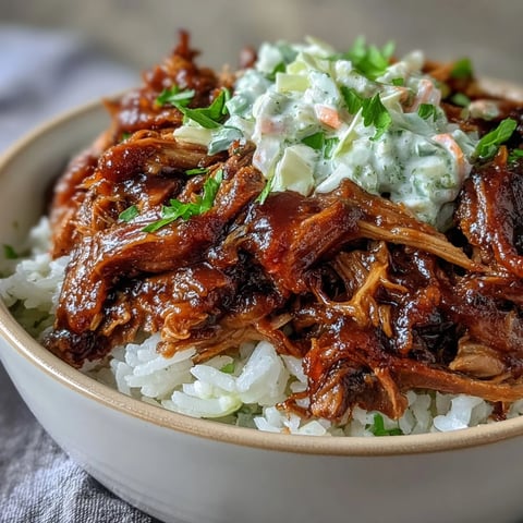 A close-up of a vibrant Pulled Pork Bowl with fluffy rice, smoky BBQ sauce drizzled over tender pulled pork, and a crisp, tangy coleslaw topping.