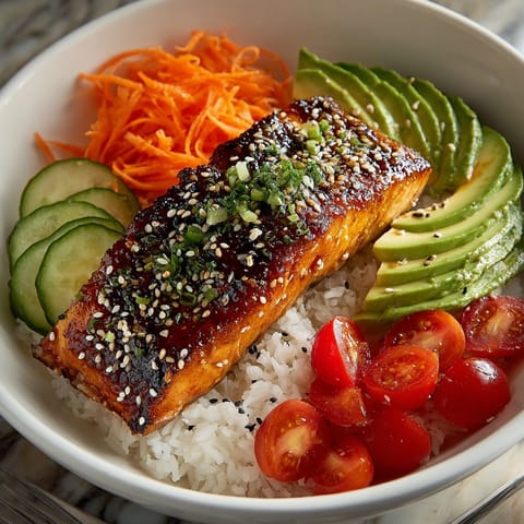 Delicious Honey Mustard Glazed Salmon Bowl: Golden crust, savory-sweet glaze, served fresh, ready to devour.