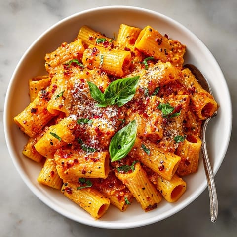 Close-up shot of Gigi Hadid Spicy Rigatoni, a flavorful, creamy pasta with vibrant red sauce.