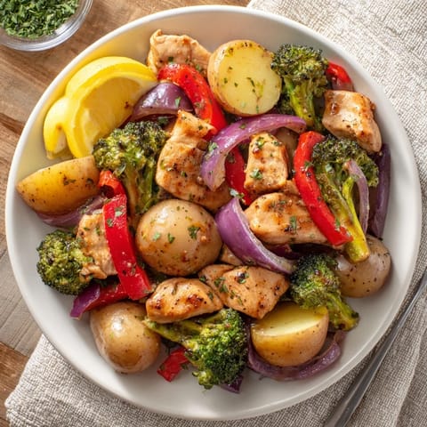 Juicy Lazy Gourmet Chicken & Vegetable One-Pot featuring colorful veggies and savory herbs.  