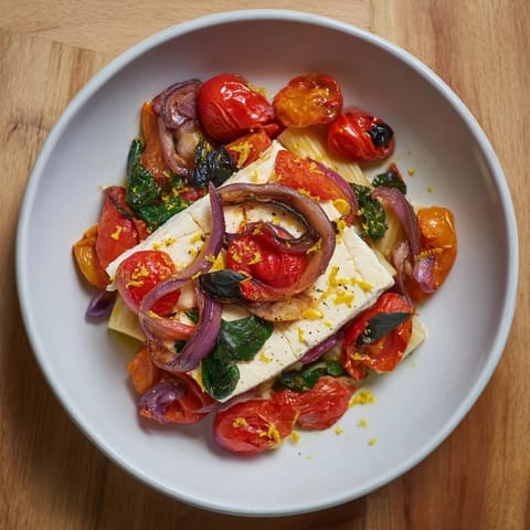 Tender pasta swims in a rich sauce from One-Pan Baked Feta Christmas Pasta, garnished with fresh basil.