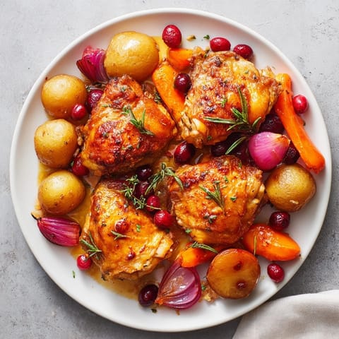 Sizzling One-Pan Olive Oil Roast Chicken features juicy chicken with vibrant cranberry accents and herbs.