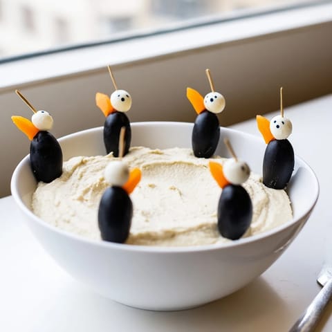 Delicious, creamy Winter Dip, featuring an inviting visual of olive and mozzarella penguins.