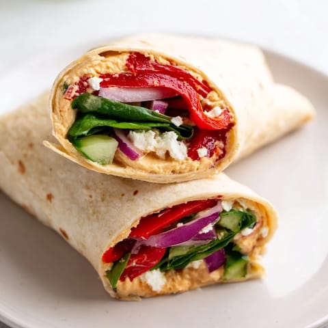 Freshly made Mediterranean Veggie Wrap stuffed with crumbled feta, crisp spinach, and smoky roasted peppers, sliced to show the colorful layers.