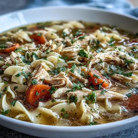Comforting Instant Pot Chicken Noodle Soup served steaming hot in a rustic bowl, garnished with fresh parsley.