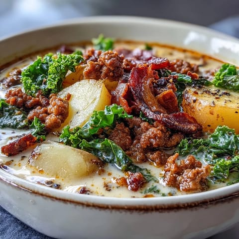 A rustic bowl of Italian Sausage Soup topped with crispy bacon, ready to serve with crusty bread.