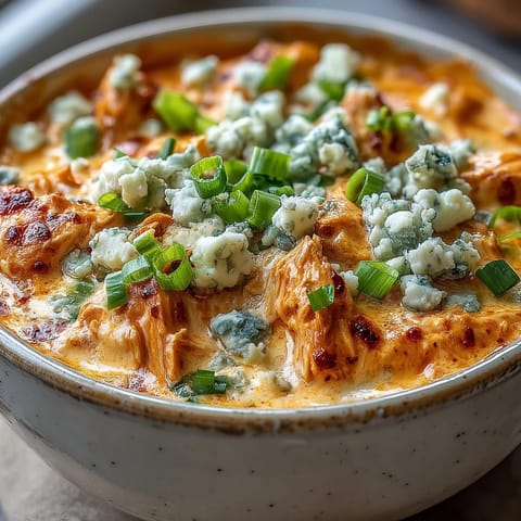 Steamy Crock Pot Buffalo Chicken Dip Soup served with celery sticks and blue cheese crumbles for dipping.