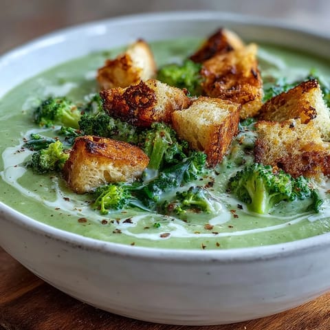 Creamy Cauliflower and Broccoli Soup topped with golden, crunchy homemade croutons served in a rustic bowl.