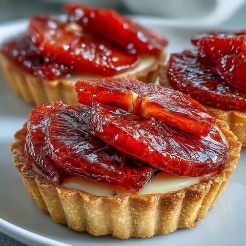 Crisp tart shells filled with silky vanilla custard and topped with vibrant blood orange slices in golden light.
