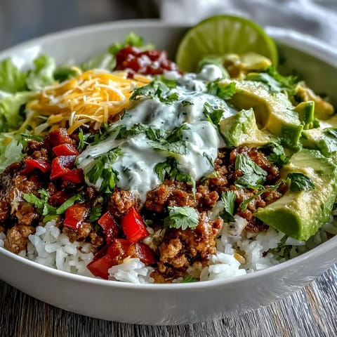 Avocado, cherry tomatoes, and shredded cheddar cheese top a Turkey Taco Bowl ready to be enjoyed.