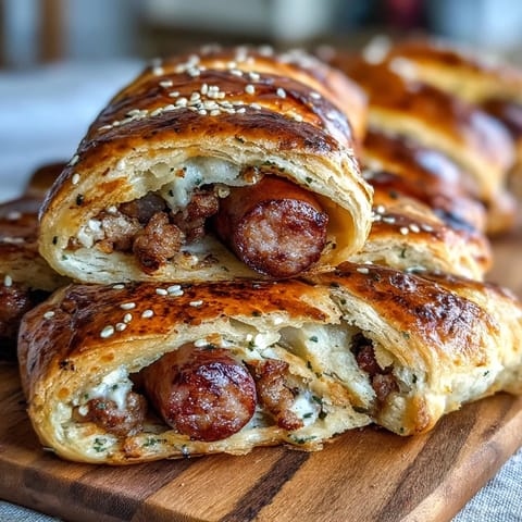 Golden puff pastry pigs in a blanket with cocktail sausages, baked until flaky and served with tangy honey mustard dip.