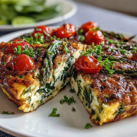 Healthy Easy Spring Veggie Frittata with fresh asparagus, spinach, and feta, baked until golden and fluffy for a satisfying vegetarian brunch.