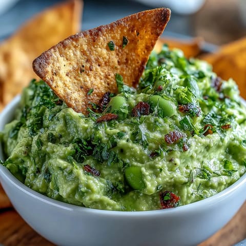 Edamame guacamole served with warm, lightly spiced pita chips—perfect for sharing or healthy snacking.  