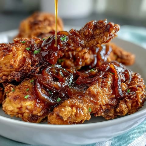 Savory soul food smothered chicken with onion gravy, golden-brown and juicy, served on a rustic plate with rich, glossy sauce.