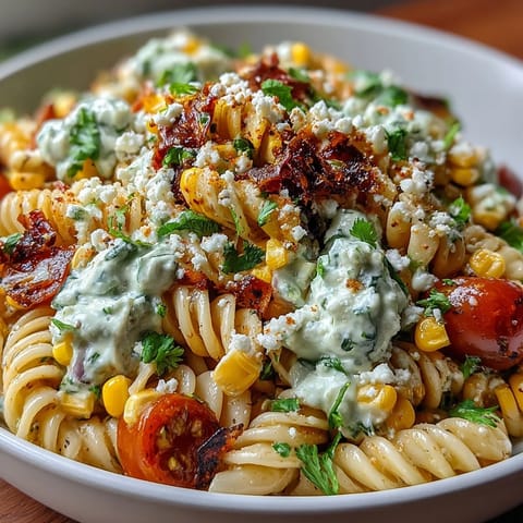 Colorful Mexican-inspired elote pasta salad with charred corn, juicy cherry tomatoes, and tangy Cotija cheese, ready for a summer picnic.  